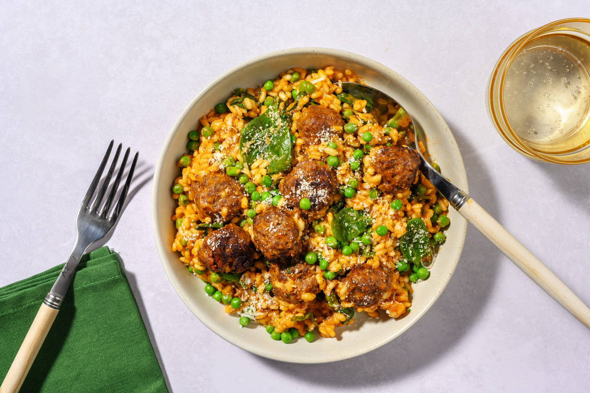 Beef Meatballs and Oven-Baked Tomato Risotto