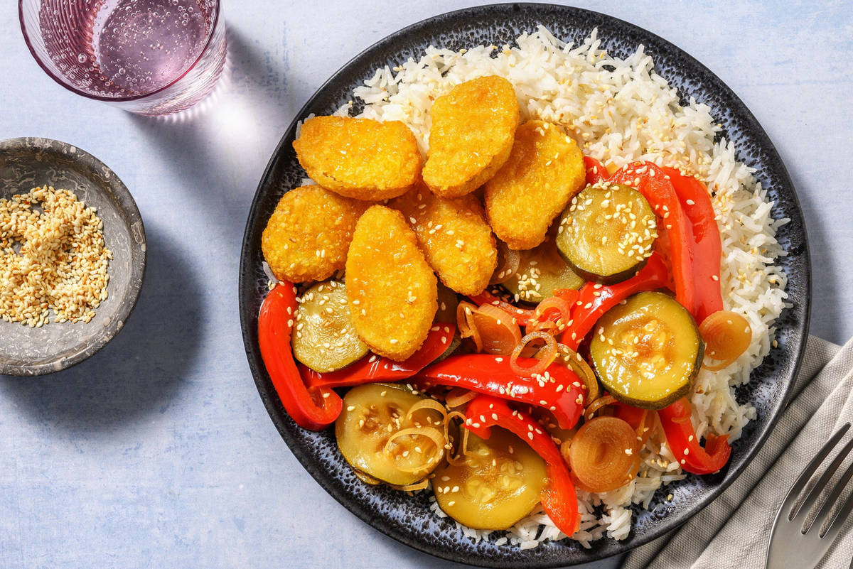 Nuggets di riso e peperonata alla soia