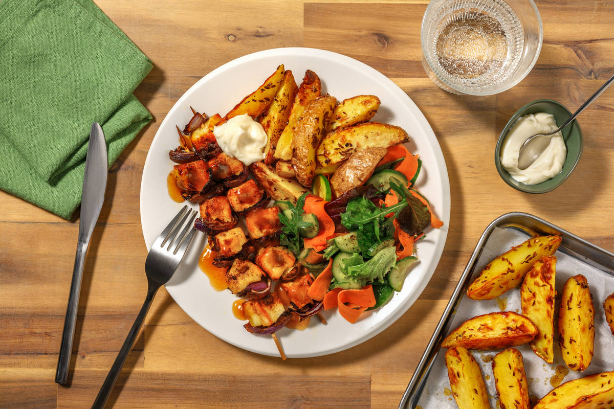 Glazed Tandoori Paneer Skewers and Cumin Potatoes