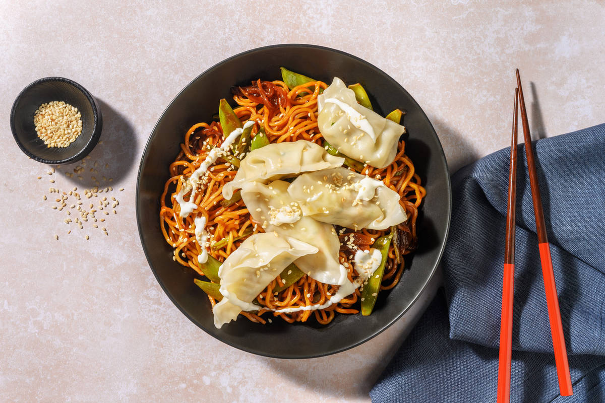 Hot Sauce-Sesame Veg Gyozas and Noodles