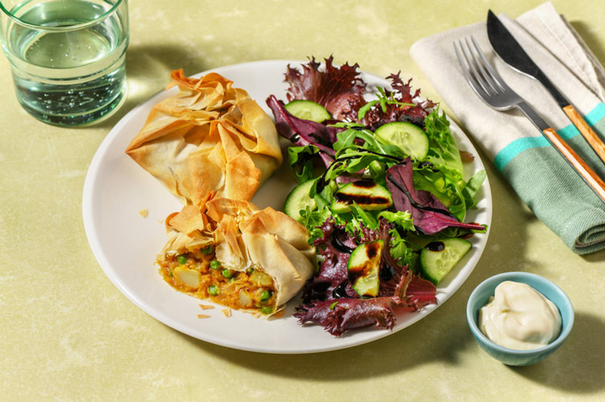 Handmade Cheesy Curried Aloo Matar Filo Parcels