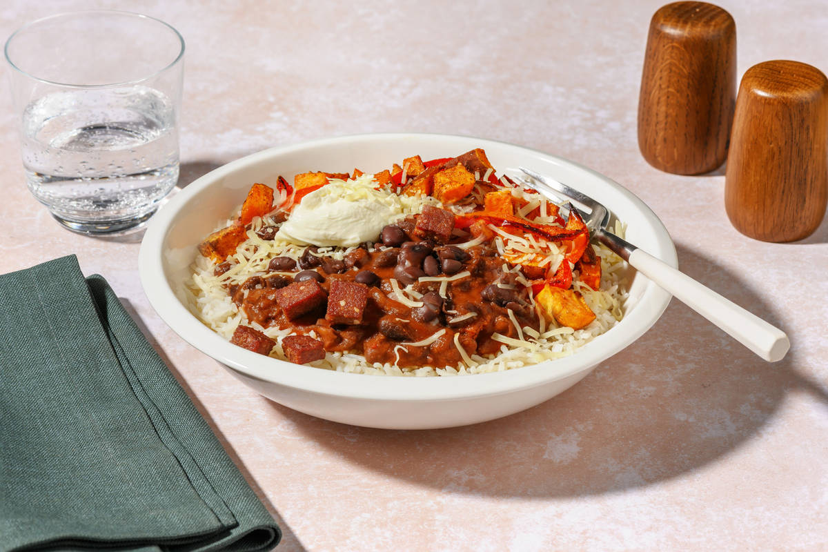 Chorizo, Sweet Potato and Refried Bean Burrito Bowl