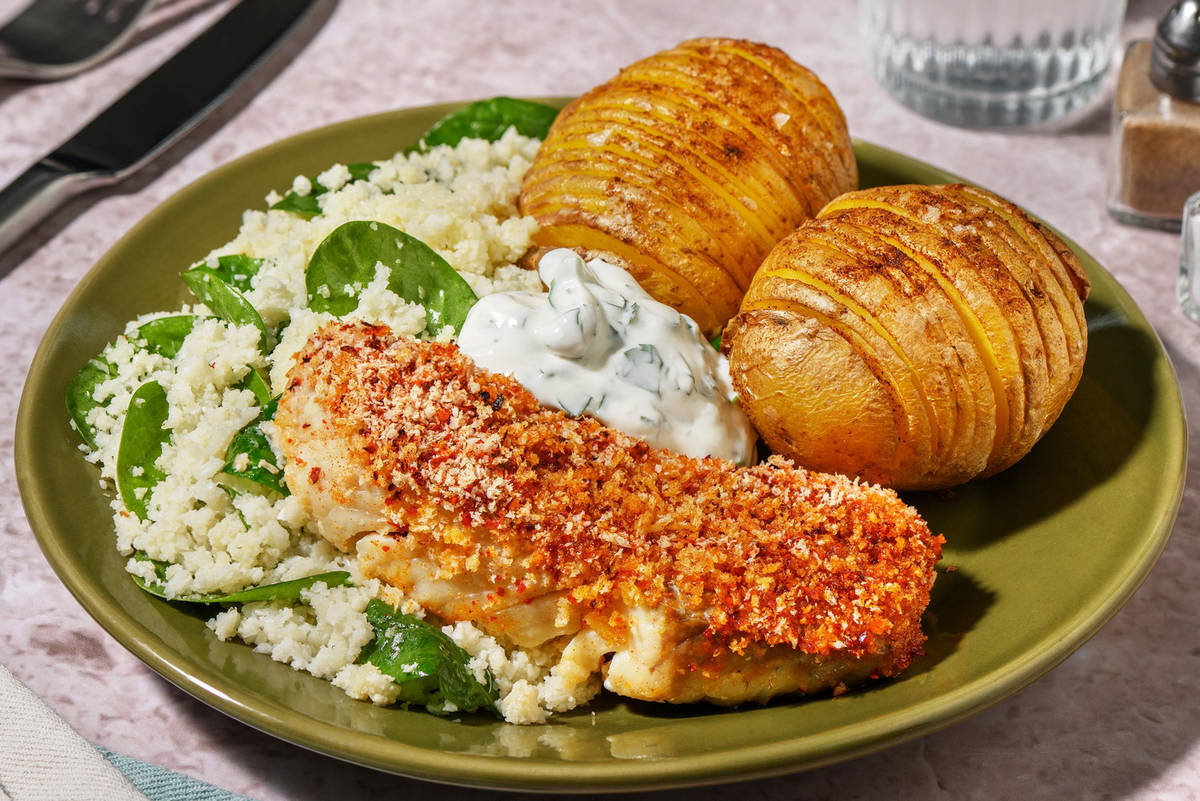 Hvid fisk med sprød harissa-pankotopping