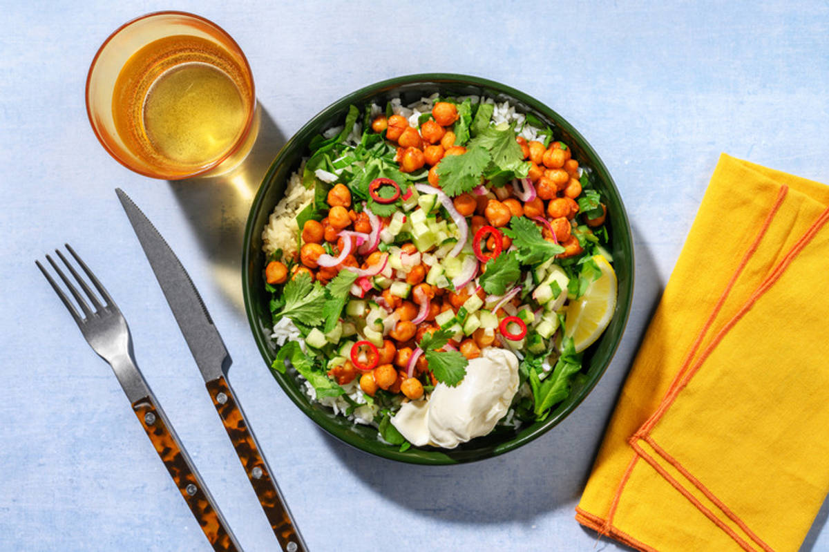 Mexican Smashed Chickpeas, Halloumi & Garlic Rice