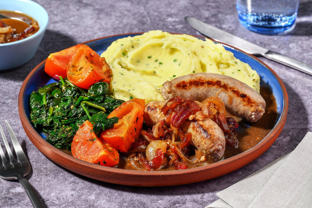 Saucisses de porc et purée à la ciboulette