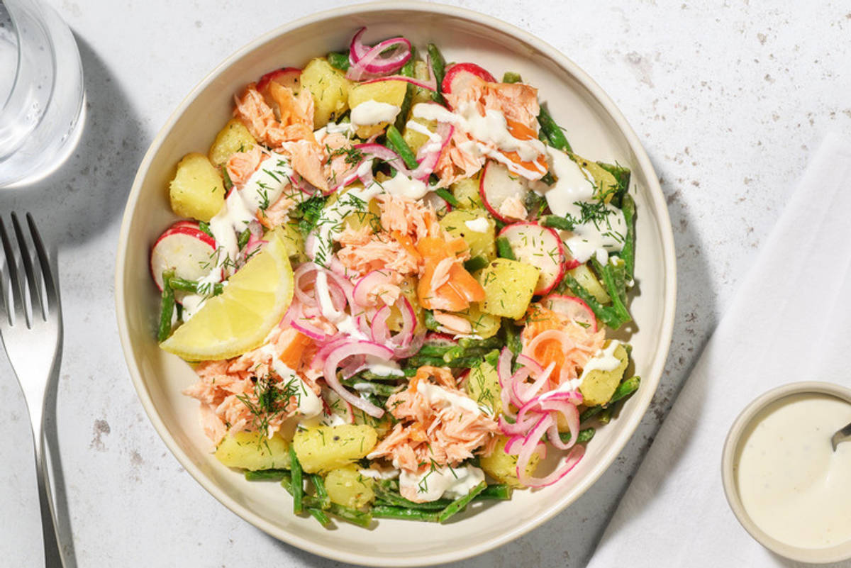 Salade de pommes de terre au saumon fumé et vinaigrette à l’aneth