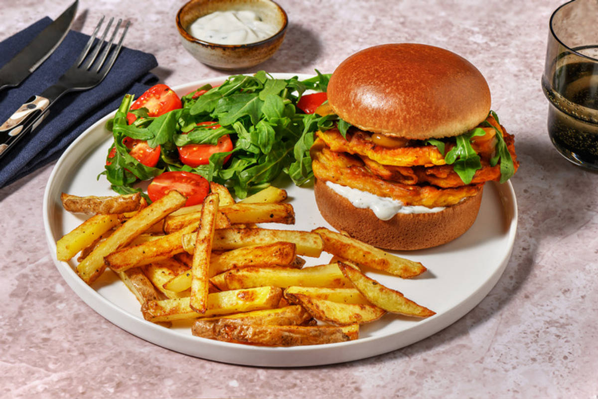 Onion Bhaji Fritter Burger and Chips