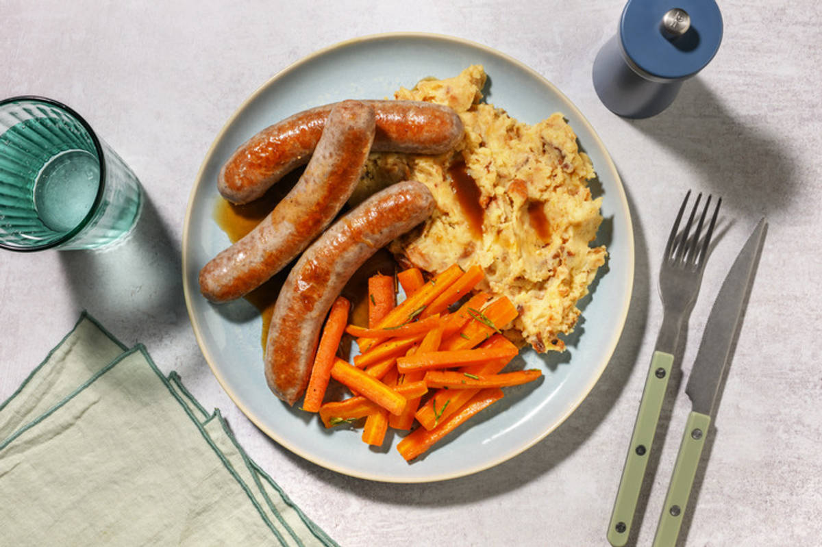 Double Pork Sausages and Rustic Parsnip Mash