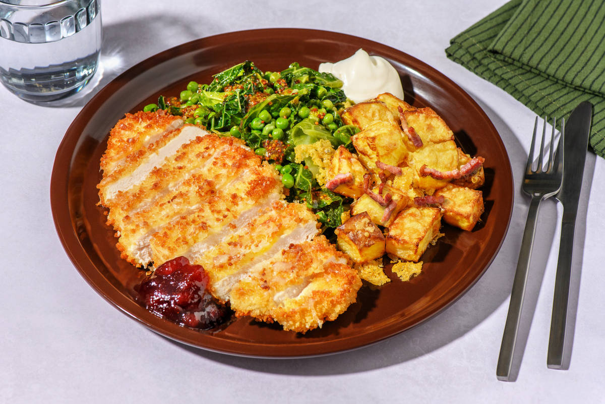 Alpine Inspired Chicken Schnitzel and Cheesy Bacon Roasties
