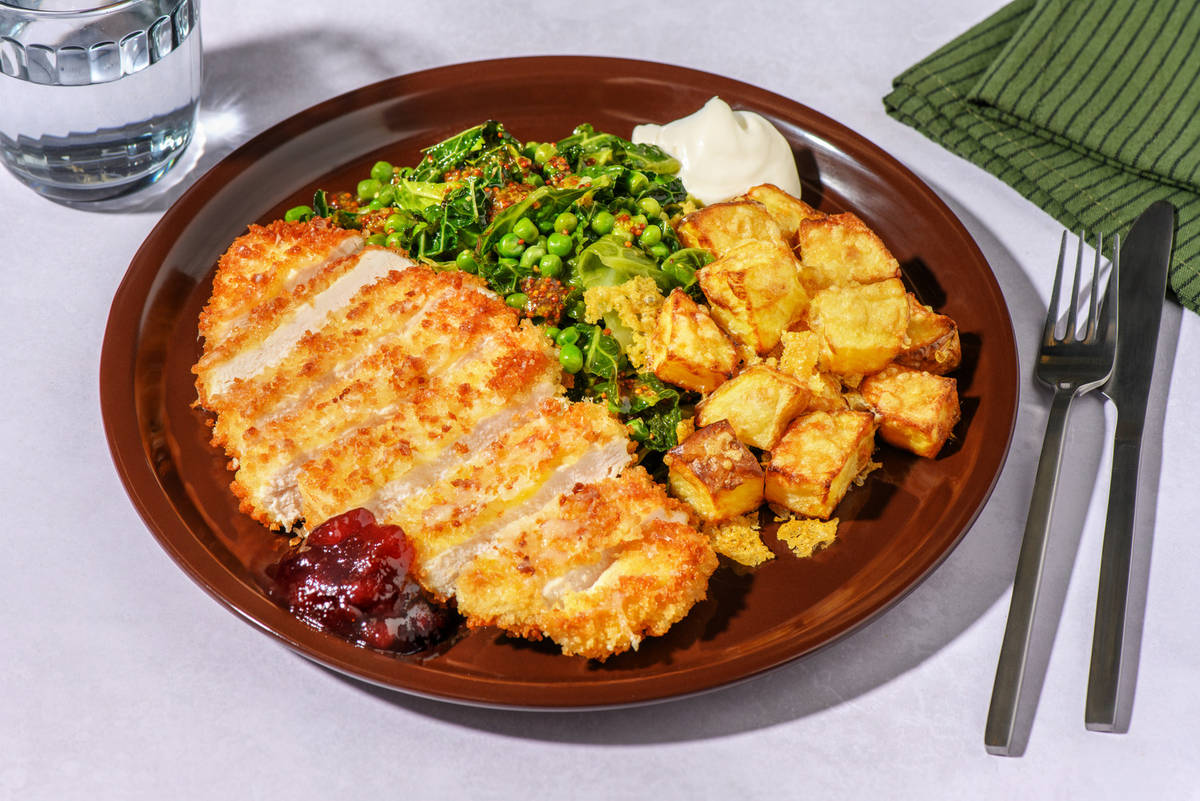 Alpine Inspired Chicken Schnitzel and Cheesy Roasties
