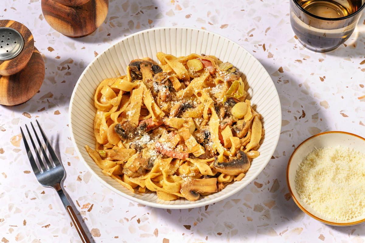 Herby Mushroom, Prawns & Bacon Fettuccine