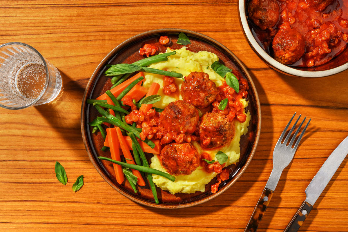 Italian Pork Meatballs & Bacon-'Mato Sauce