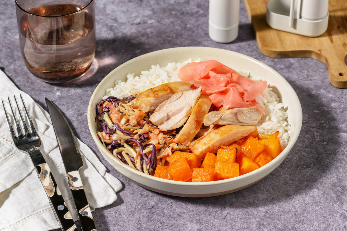 Grilled Sesame Chicken & Tofu Poke Rice Bowl