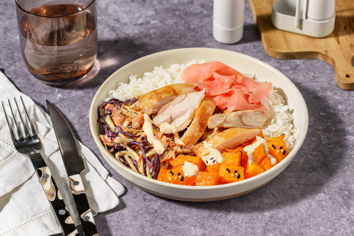 Grilled Sesame Chicken & Tofu Poke Rice Bowl