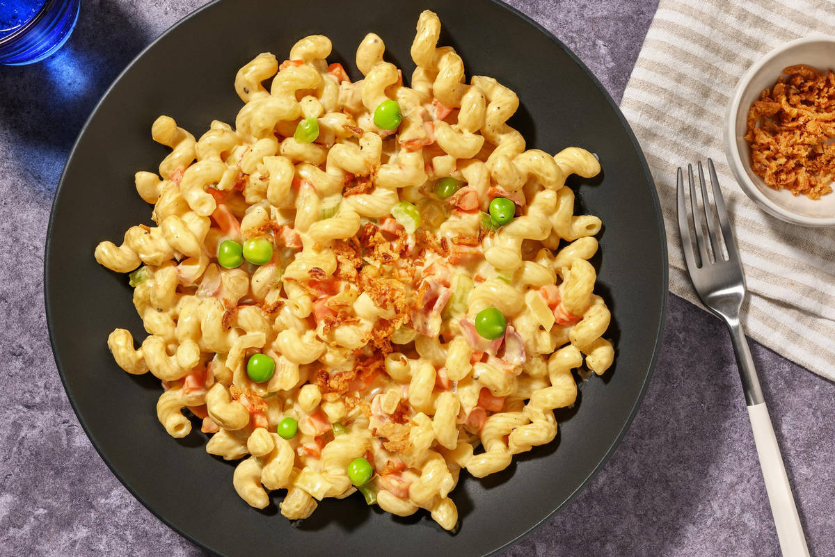 Bacon, Chicken Tenders and Pea Mac-n-Cheese