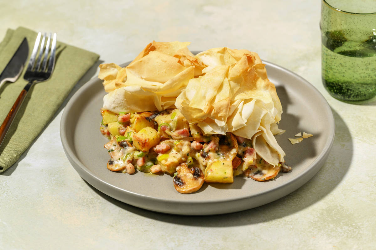 Hearty Bacon, Chicken & Mushroom Filo Pie