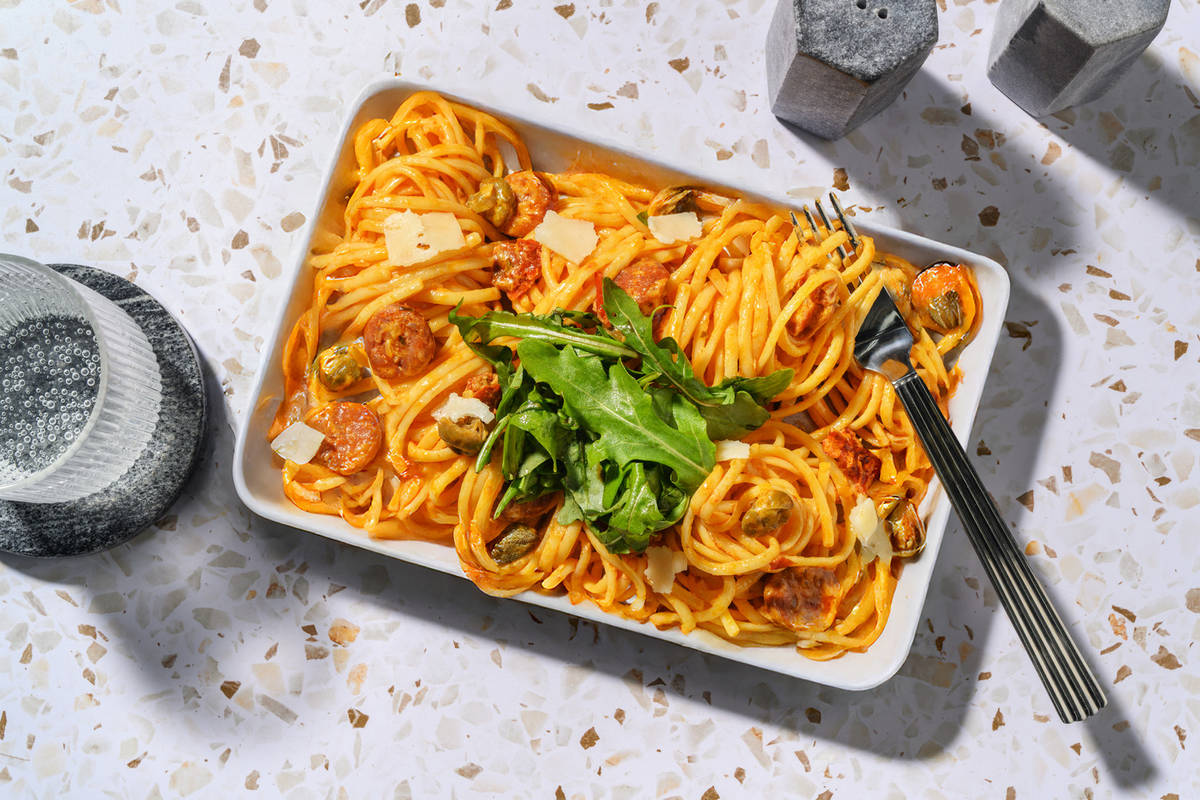Chorizo, Prawn, Caper & Cream Cheese Spaghetti