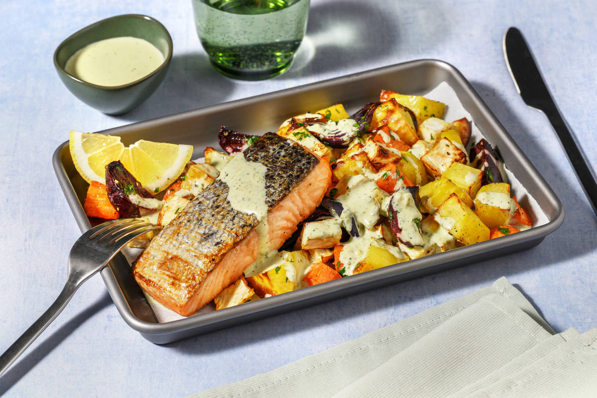 Double Citrus Salmon & Herby Root Veggie Traybake