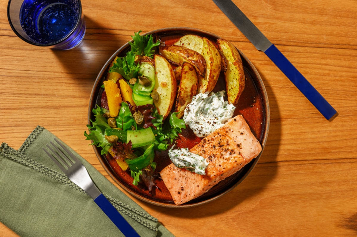Easy Double Baked Salmon & Herby Caper Mayo
