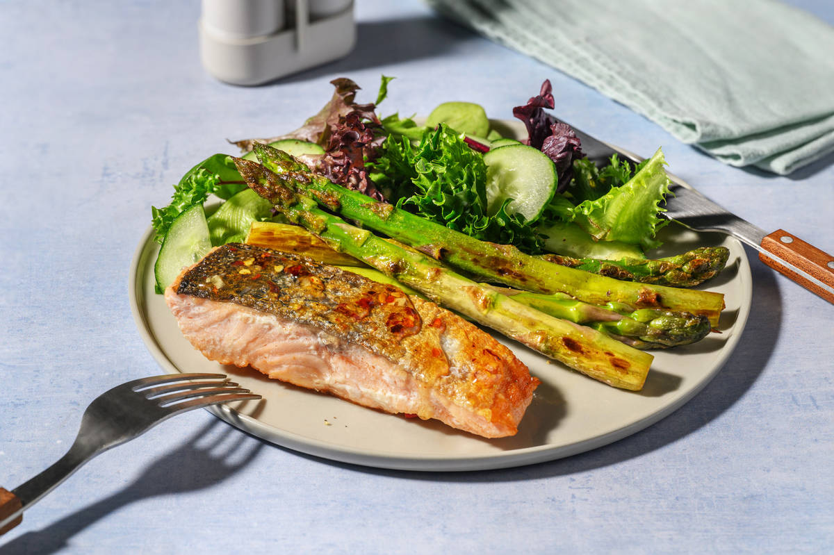 Hot Honey Salmon, Haloumi & Sautéed Asparagus