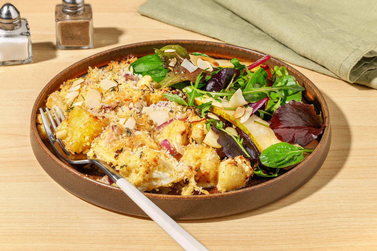 Plant-Based Crumbed Chick'n, Potato, Cauliflower & Thyme Gratin
