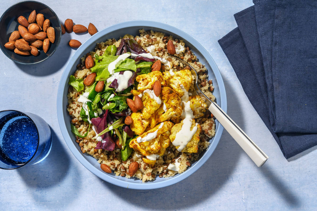 Spiced Roast Cauliflower, Halloumi & Lentil-Couscous