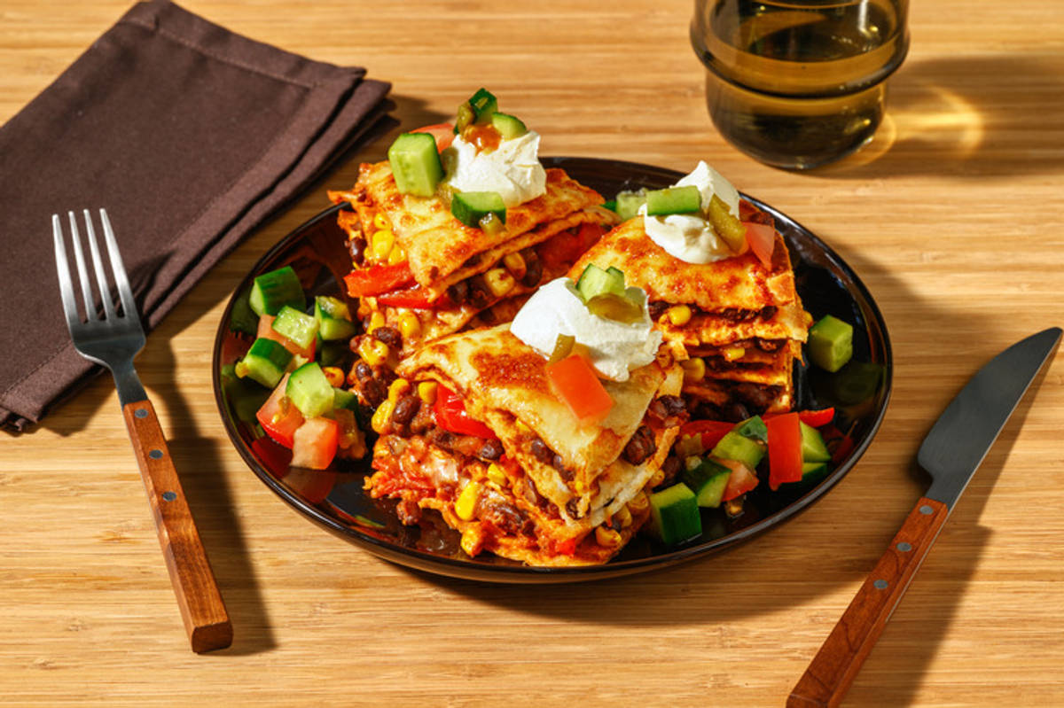 Fiery Black Pork & Bean Tortilla Stack