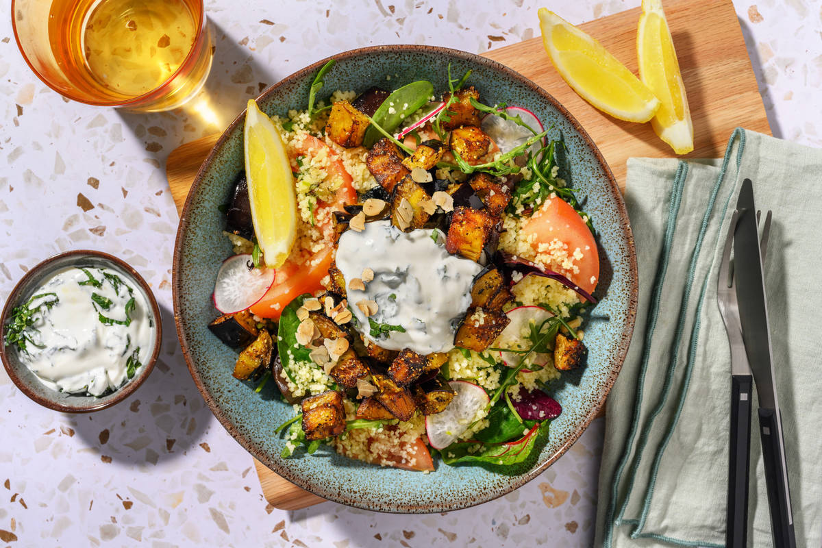 Smokey Eggplant Bacon Salad & Mint Couscous