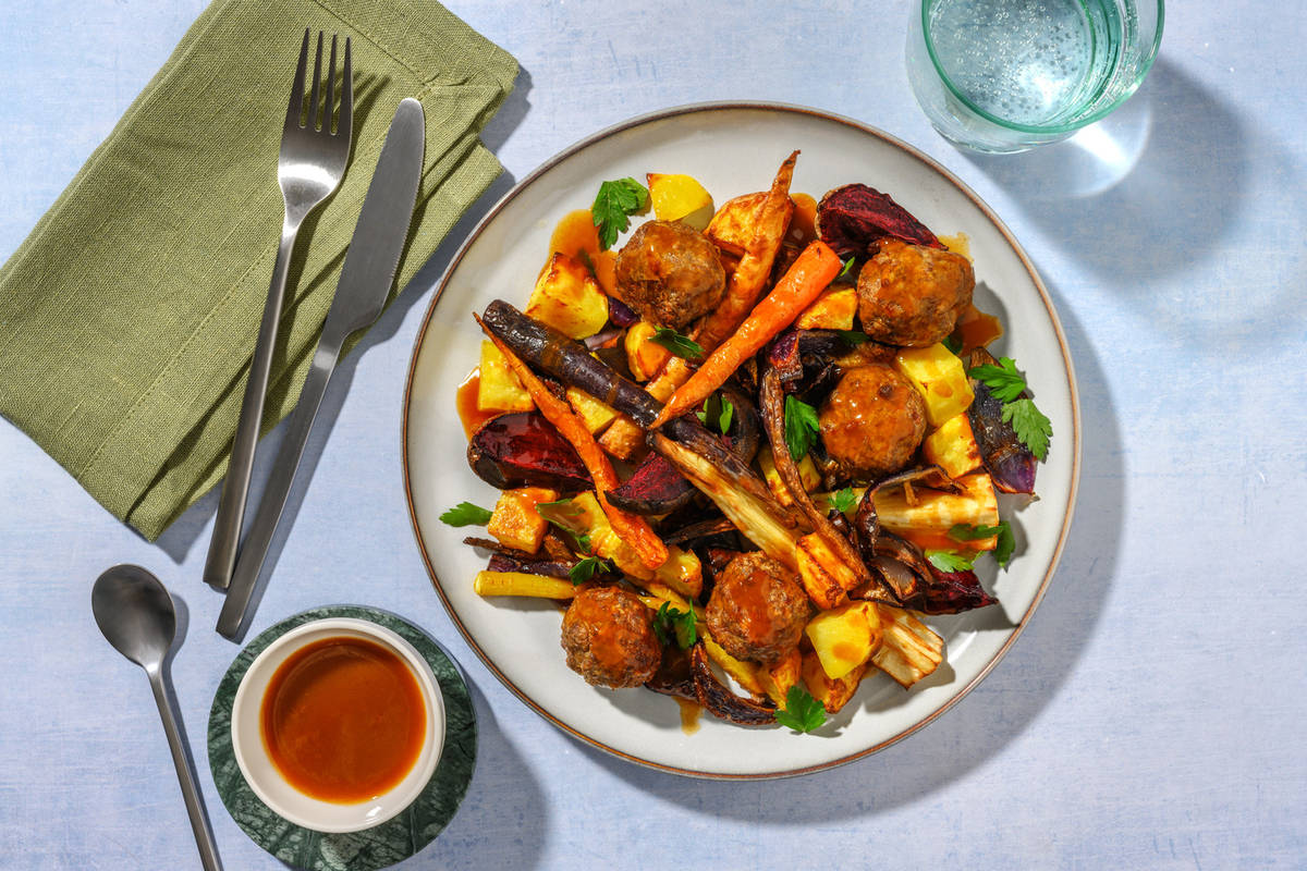 One Tray Venison-Beef Meatballs & Roast Veg