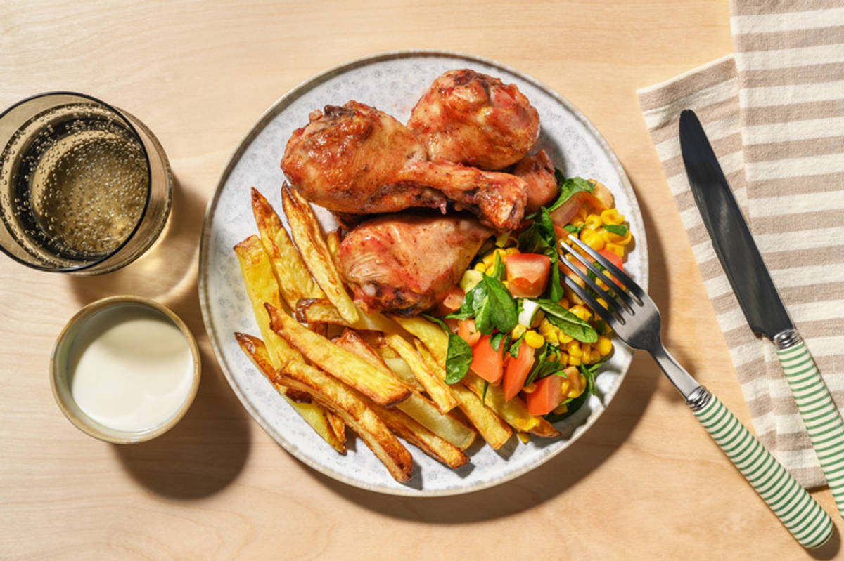 Cherry-BBQ Chicken Drumsticks & Cheesy Fries