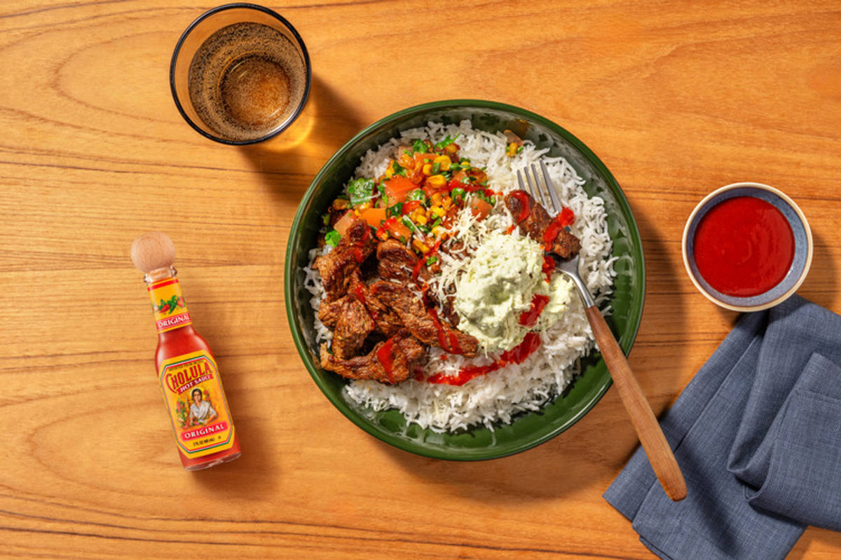Tex-Mex Beef Burrito Bowl & Avocado Crema