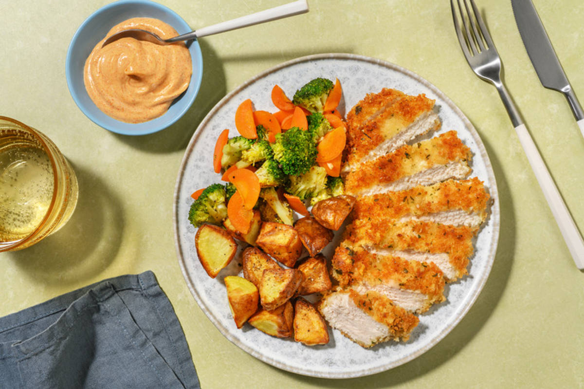 Parmesan-Crumbed Chicken Schnitzel & Halloumi