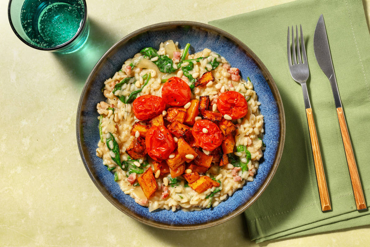 Chicken, Baked Crispy Bacon & Pumpkin Risotto