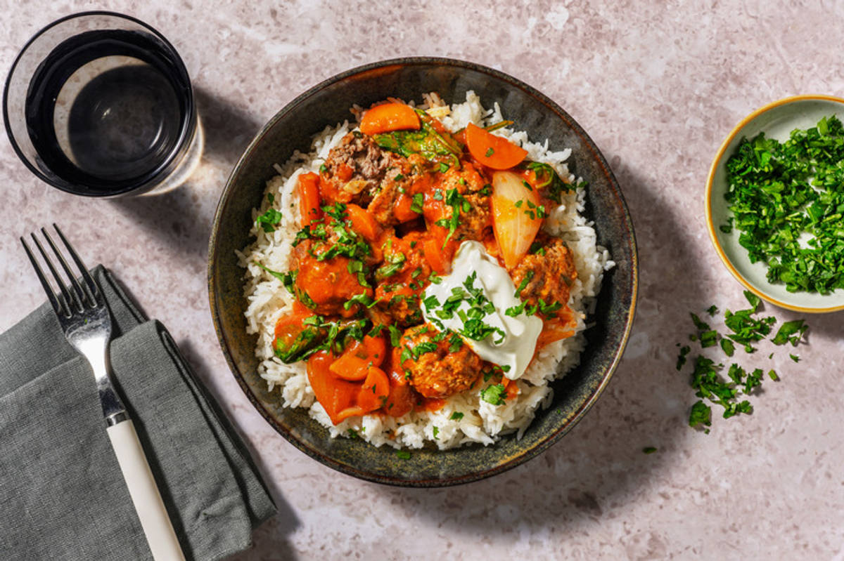 Baked Beef Meatball Stew & Broc-Cauli Rice
