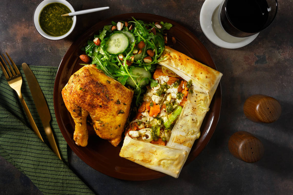 Herby Half Chicken & Kūmara-Feta Filo Galette