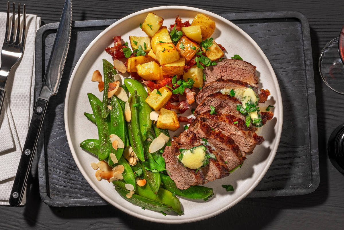 Double Seared Striploin Steak and Bacon Roasted Potatoes
