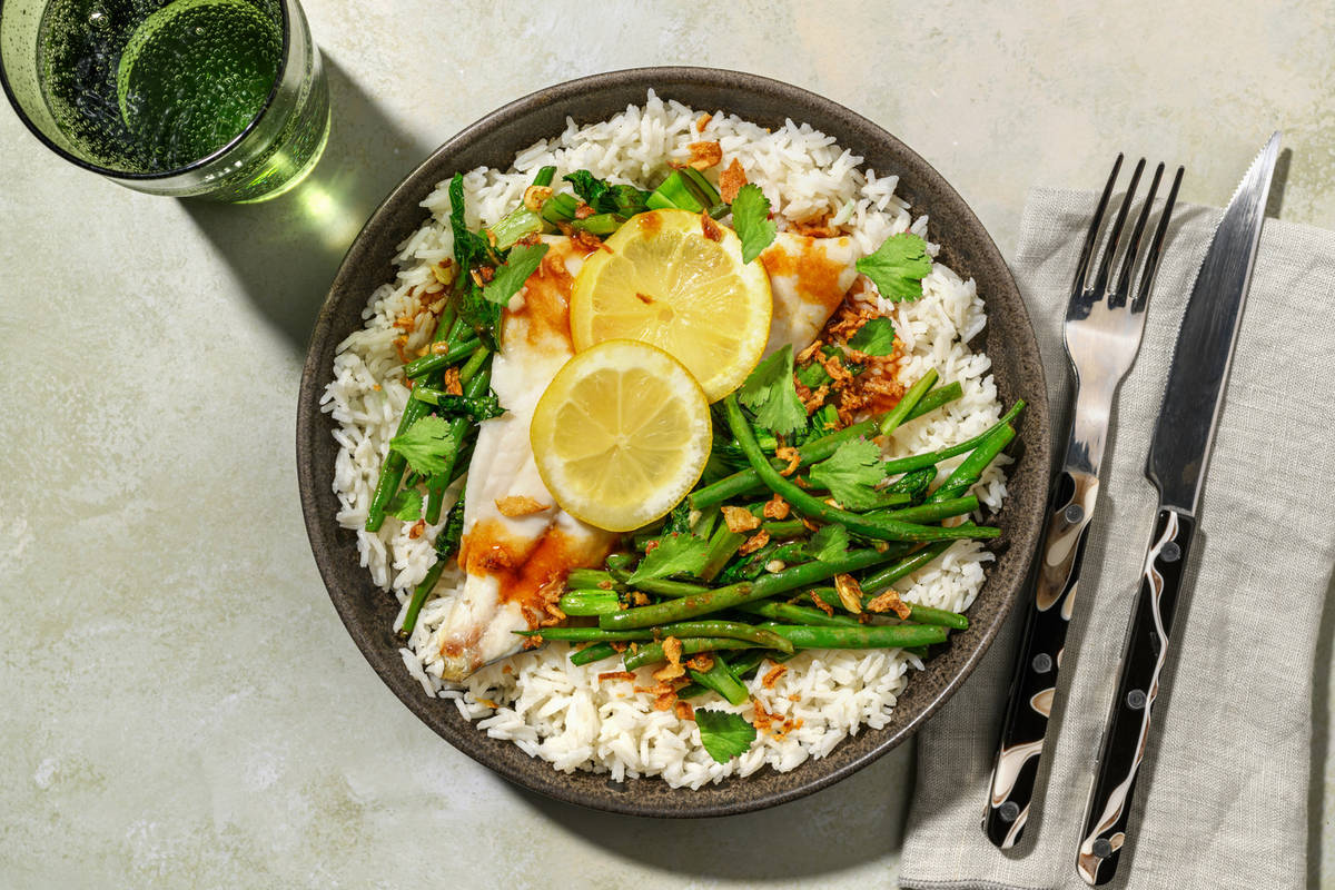 Chinese-Style Fish En Papillote, Prawns & Jasmine Rice