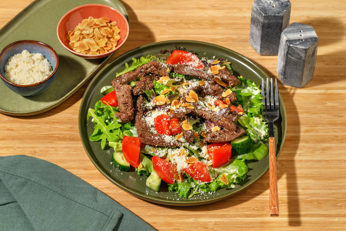 Garlic-Herb Beef & Creamy Pesto Salad