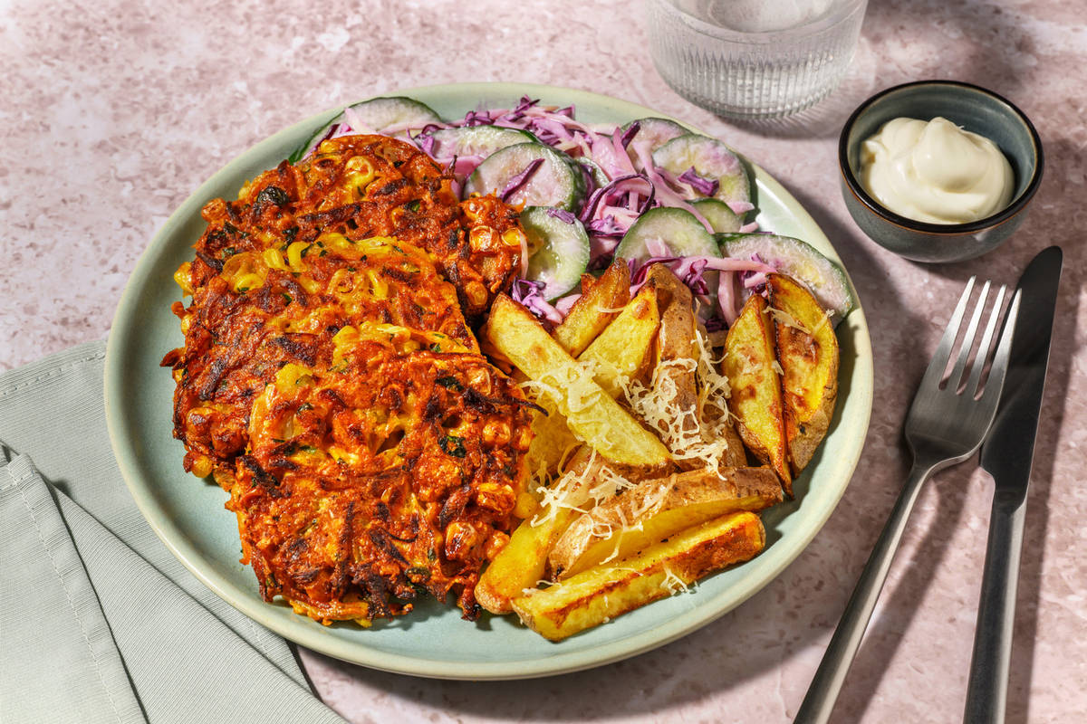 BBQ Veggie Fritters, Halloumi & Cheesy Fries