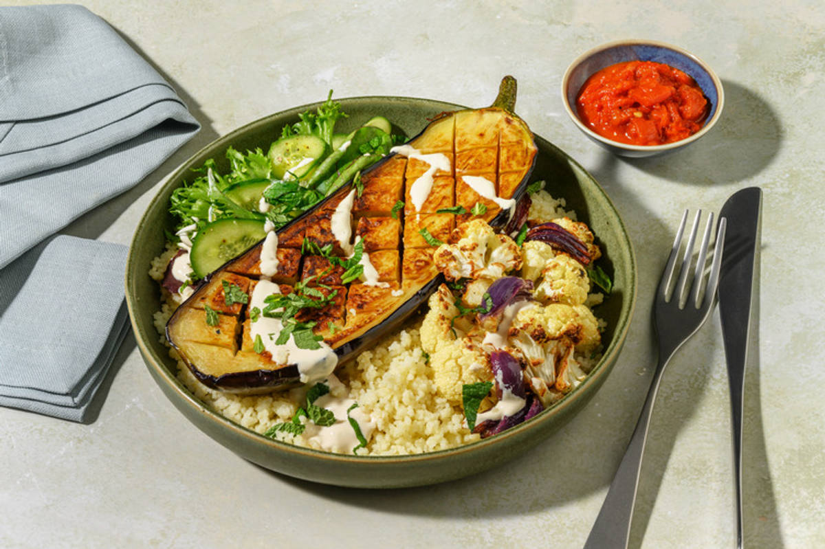 Roast Eggplant, Chicken & Cauliflower Couscous Bowl