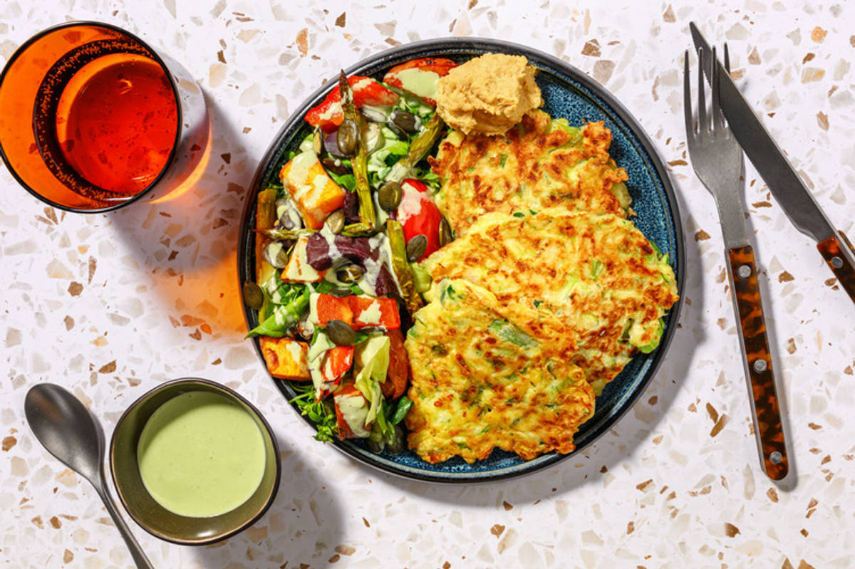 Cheesy Zucchini Fritters & Haloumi 