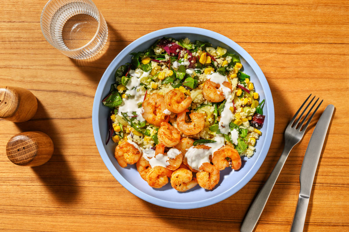 Double Caribbean Prawns & Charred Corn Couscous