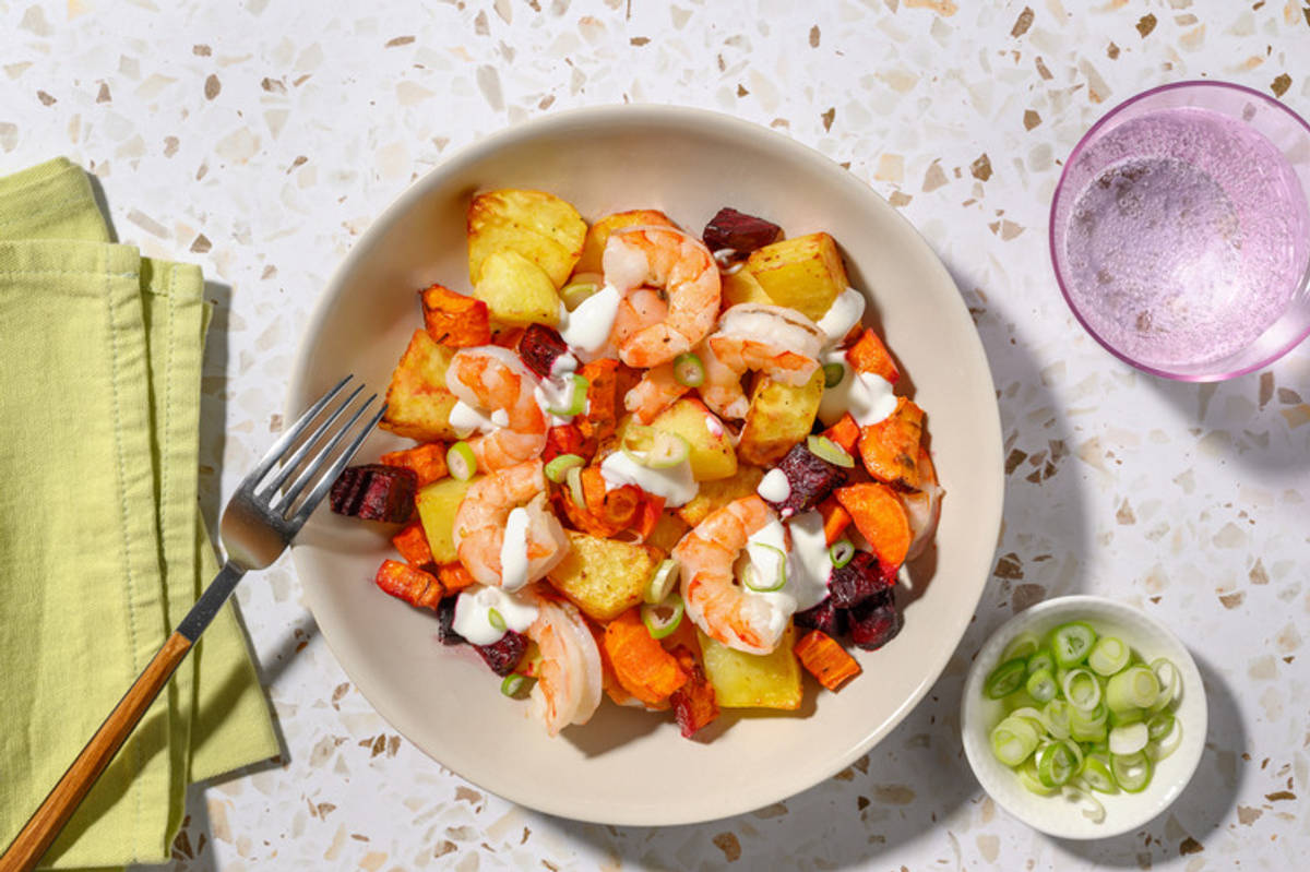 One-Tray Double Mumbai Prawn & Root Veggie Toss