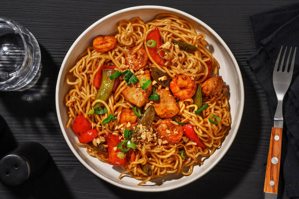 Kung Pao Chicken and Shrimp Noodle Stir-Fry
