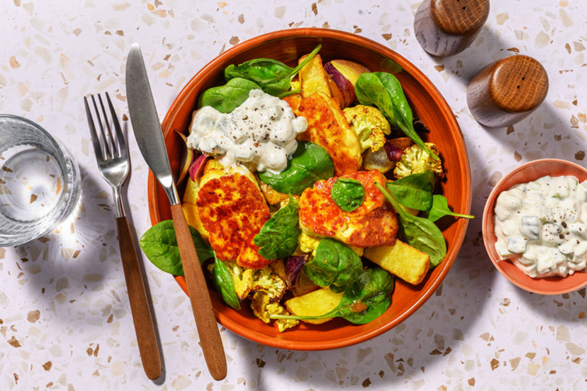 Apricot-Glazed Halloumi, Chicken & Mumbai Veggie Toss