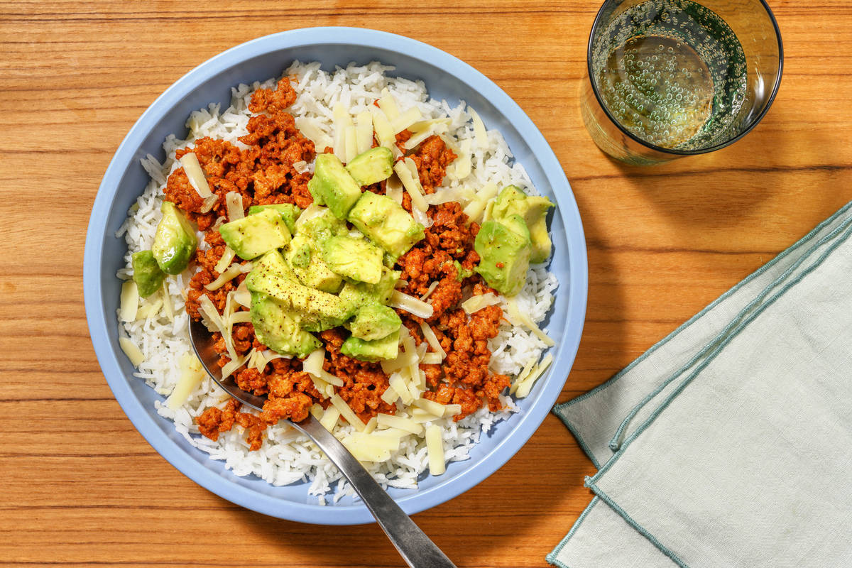 Cheesy Naked Beef & Pork Burrito Rice Bowl