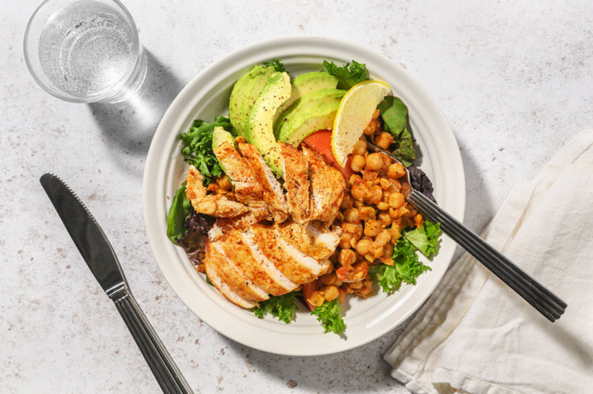 Paprika Chicken, Halloumi & Harissa Chickpea Bowl