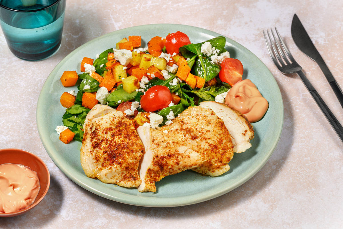 Peri-Peri Plant-Based Crumbed Chick'n & Roast Rainbow Veg Toss