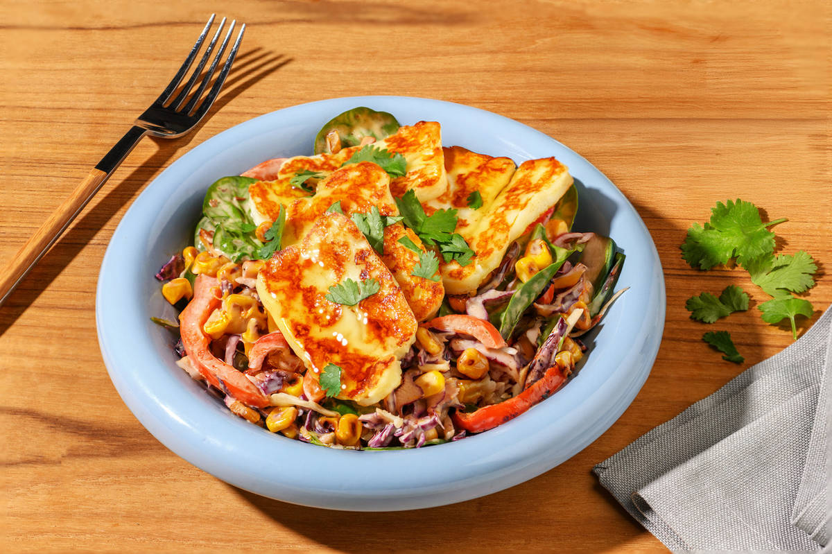Easy Honey Chicken, Halloumi & Chipotle Slaw Bowl