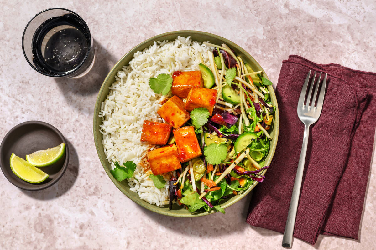 Sweet Soy-Glazed Tofu, Chicken & Sushi Rice